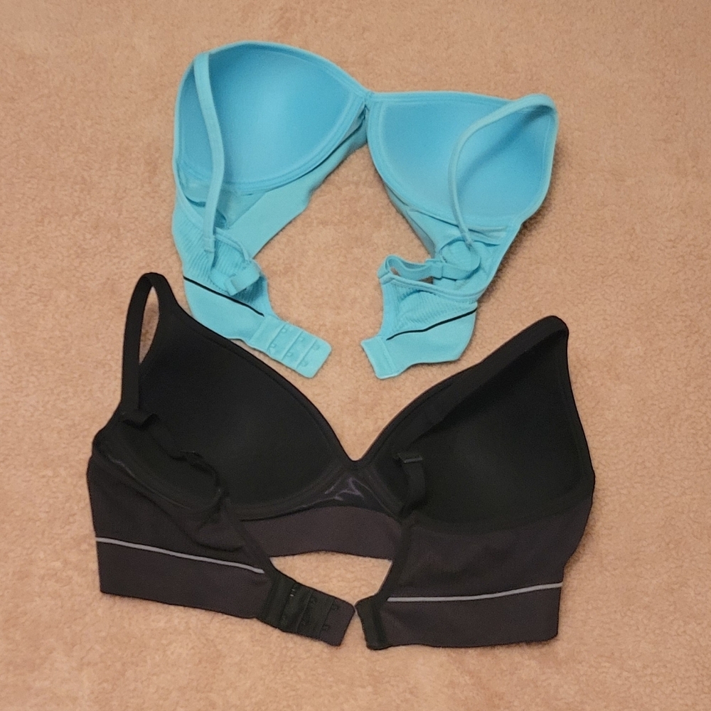 Hanes Set of 2 Turquoise & Black Adjust Seamless Rib Padded Wireless Bras. Sz: M - Picture 2 of 8